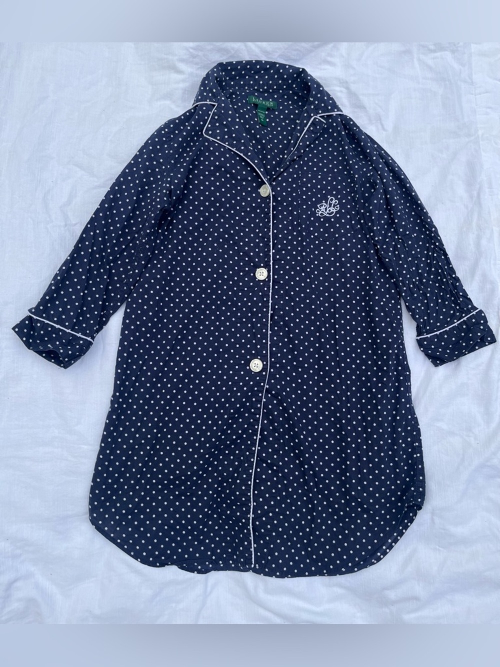 Lauren Ralph Lauren Navy and White Polka Dot Button-Front Sleep Shirt